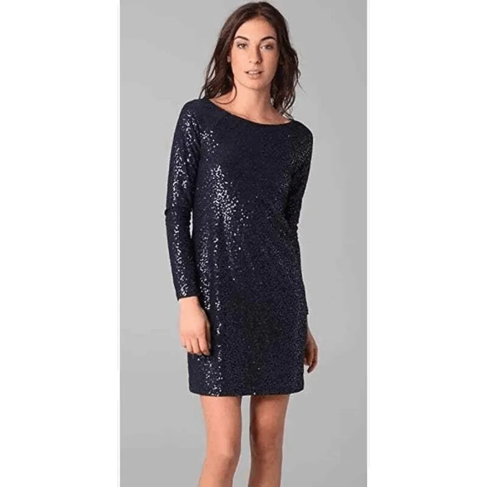 Tibi Sequin Cocktail Dress Womens Sz XS Blue Long Sleeve Shift Mini Keyhole Back